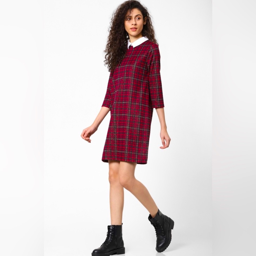 ONLY Jester Red Plaid Checked Shift Dress w. Shirt Collar NWT - Size XS